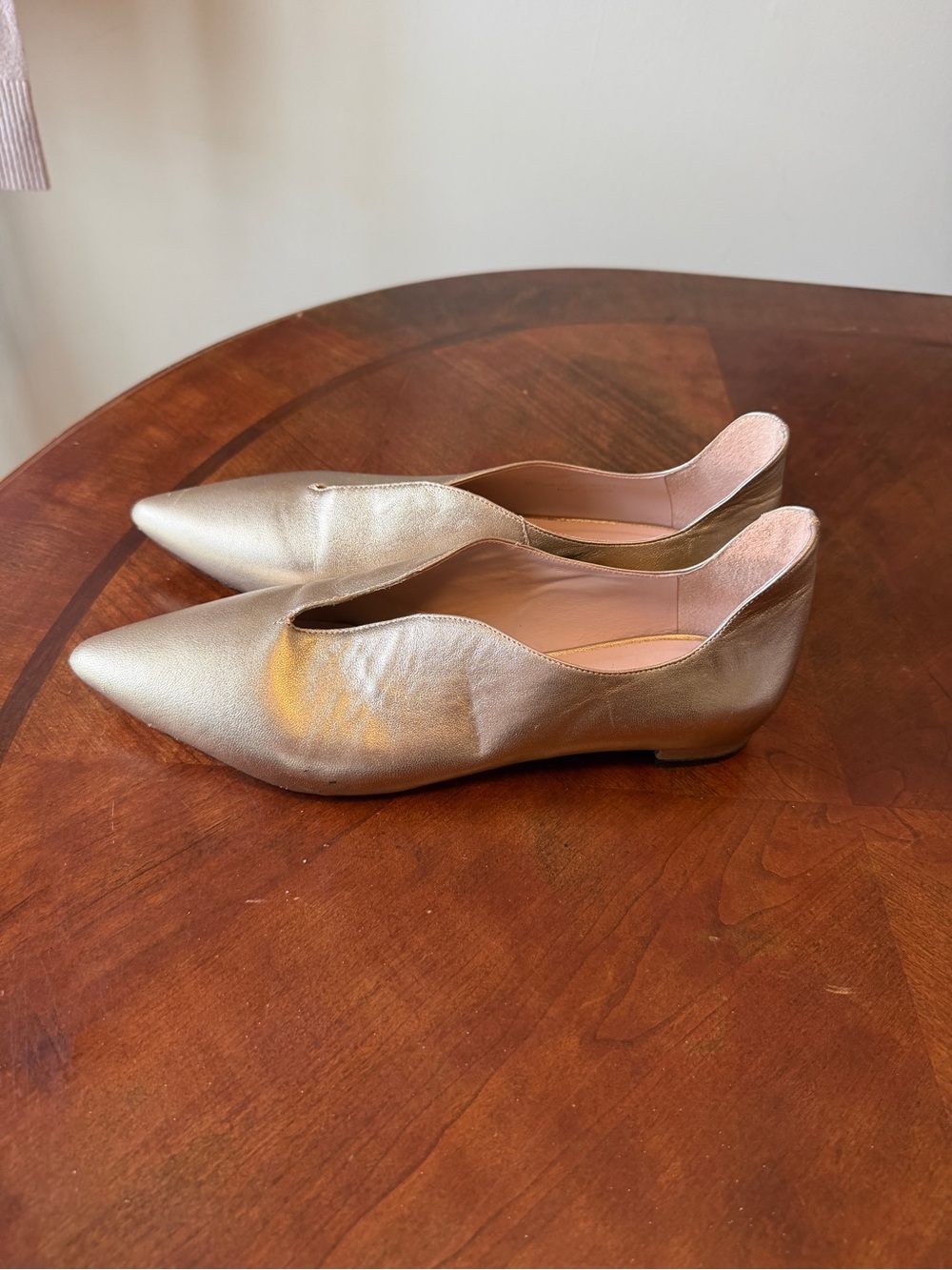 James Chan Metallic Gold Flats Size 11 Slop On Shoes Pointed Toe Leather
